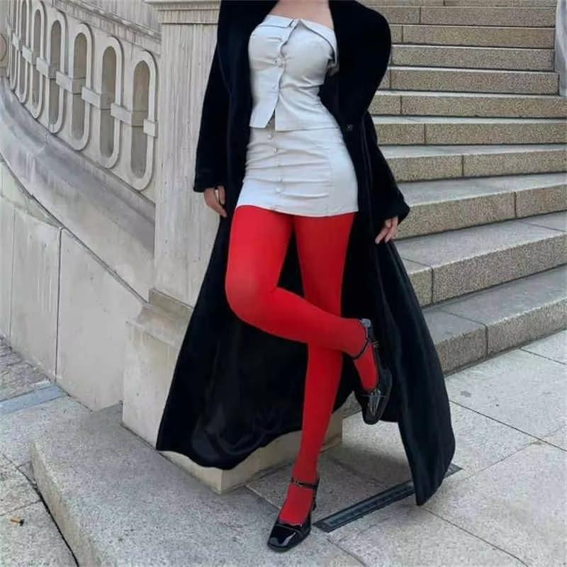 Retro Red Pantyhose Women Outer Wear Skinny Velvet Socks Pants For This Year Tight Plastic Bottom Pants