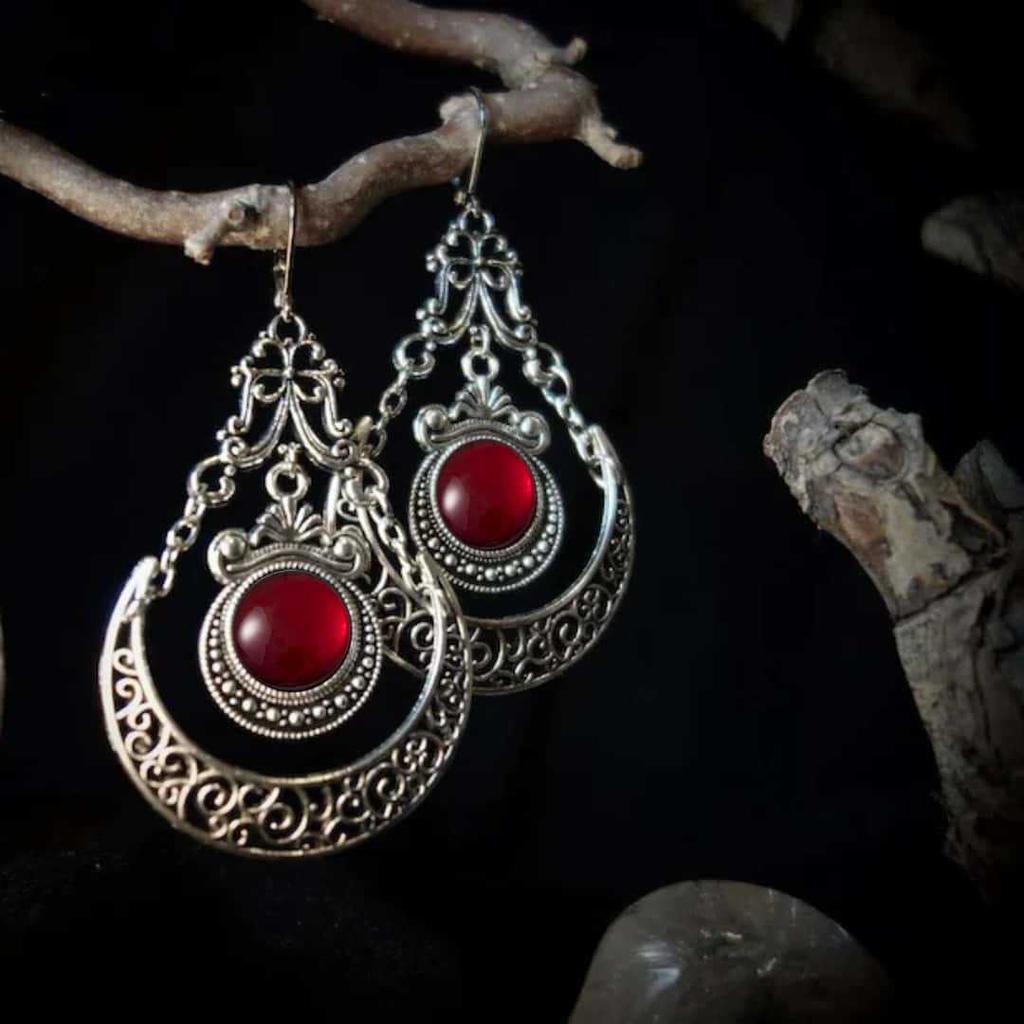 Bohemian Devil Eyes Moon Sliver Color Filigree Colored Gemstones Dangle Earrings for Women Gothic Halloween Party Jewelry Gifts
