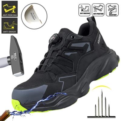 Mesh Steel Toe Men Anti Smash and Punctur Safety for Rotating Button Breathable Work Shoes Resisting