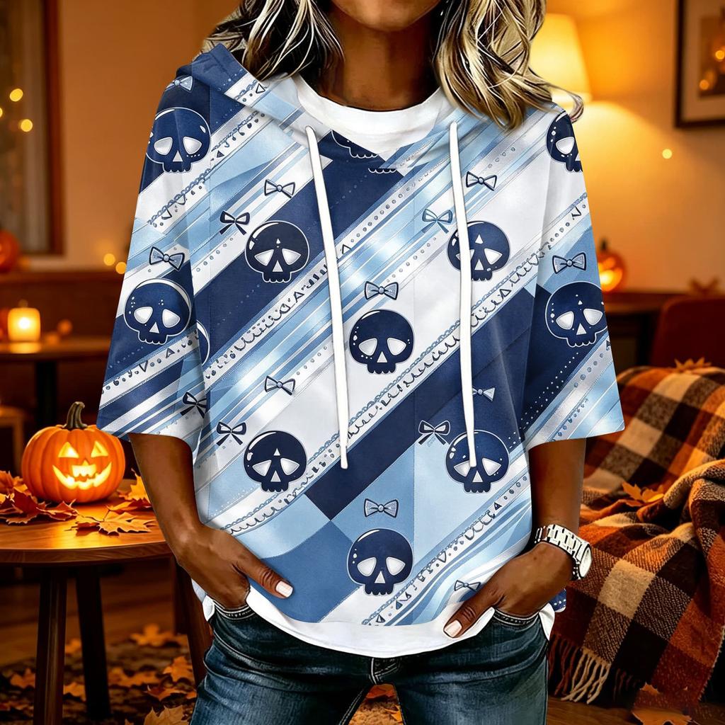 Women's Halloween Print Hooded Top, Loose Fit Casual 3/4 Sleeve Pullover Shirt