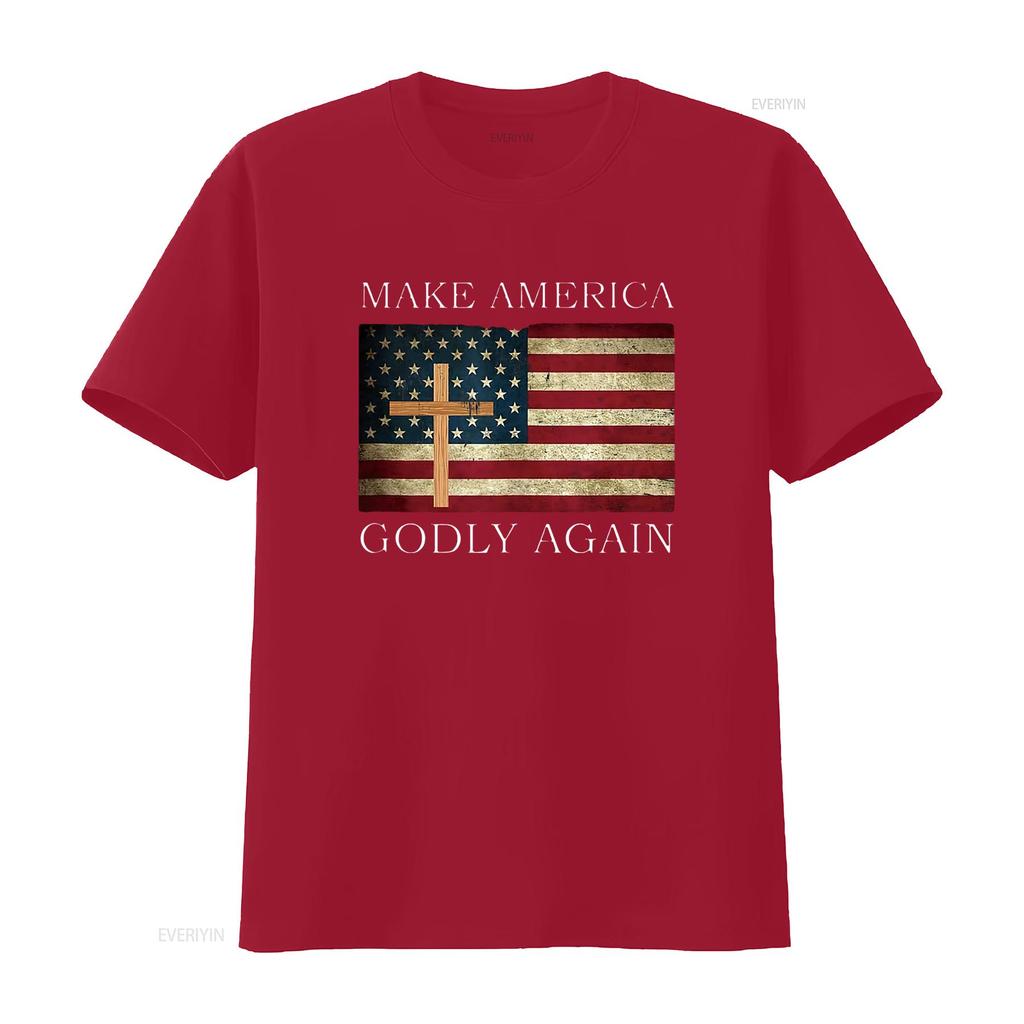 Make America Godly Again American Flag Cross Jesus T Shirt vintage Washed fashion streetwear Slightly homme Breathable