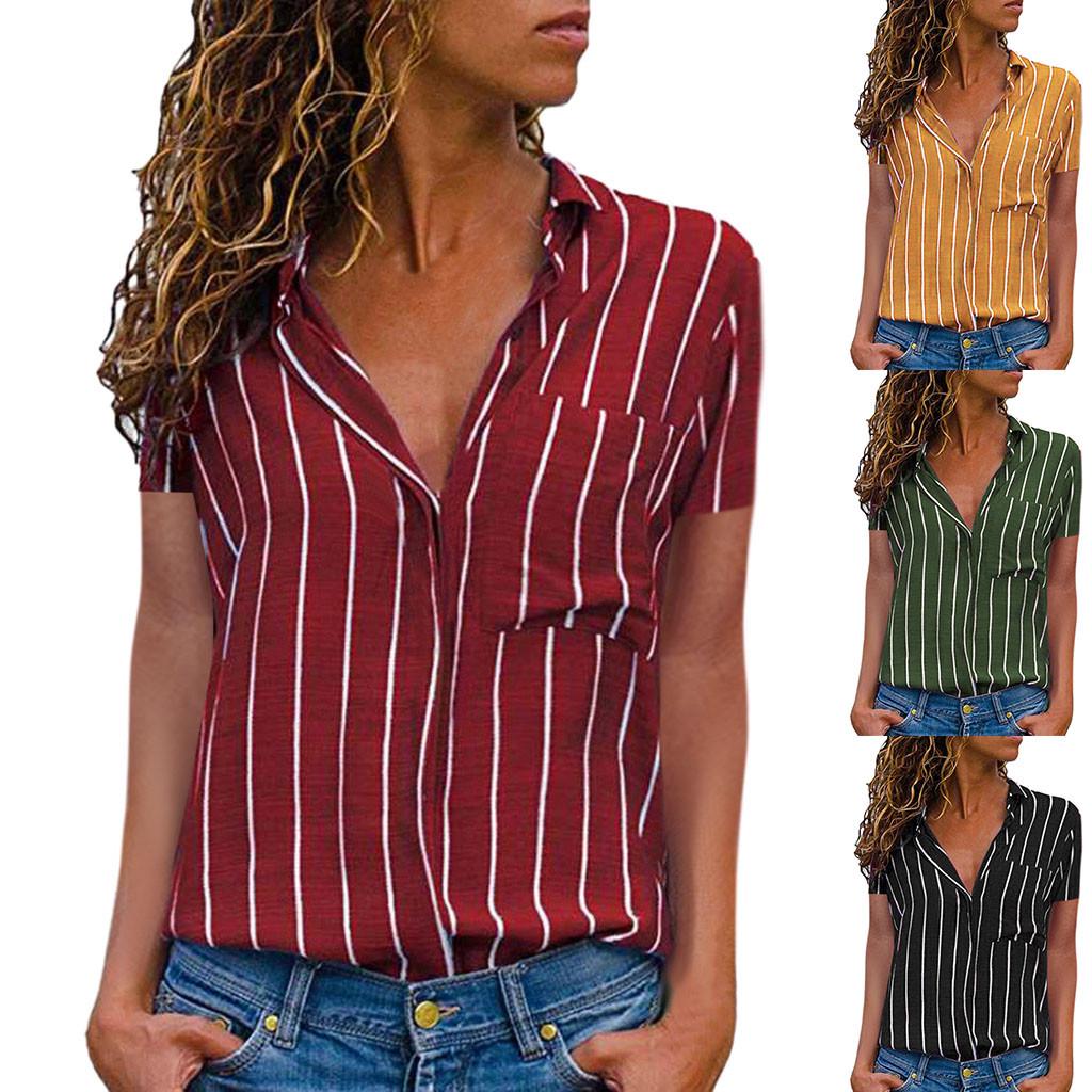 Women Casual Striped Printing Short Sleeve Shirt Blouse Button Down ...