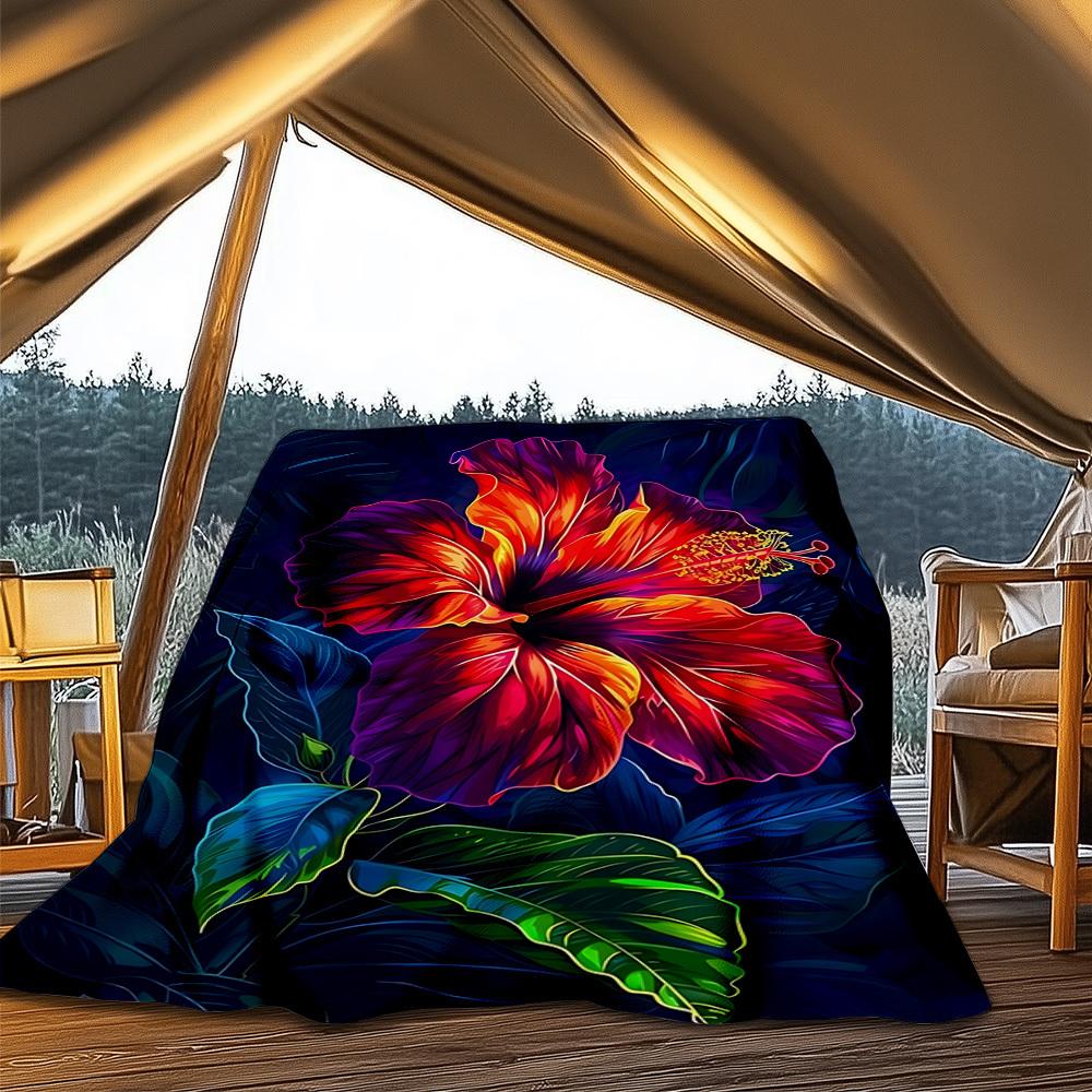 1pc Hibiscus Flower Print Throw Blanket Polyester Fiber, Lightweight Flannel, Soft & Warm, All Season Use for Outdoor, Camping Digital Print 80x120cm