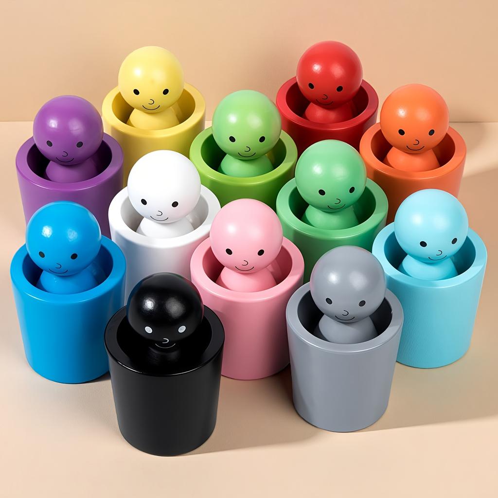 A 24pcs Wooden Sorting Cup Set in a Colorful Box, Featuring Cute Wooden Figurines for Educational Play. Enhances Observation and Hands-on Skills