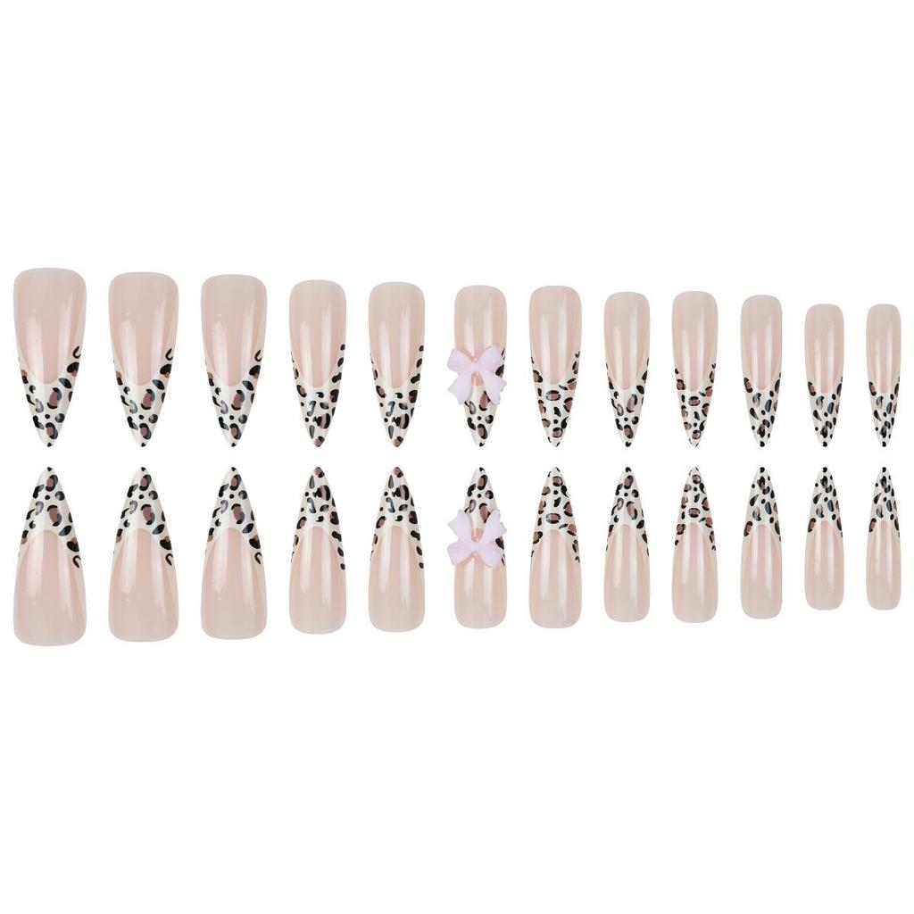 Leopard Print Rhinestone Bow Wearable False Nails - 24 Long French Tips
