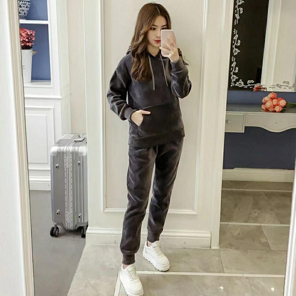 

Золотой Вельветовый Спортивный Костюм Женский Осенне-Зимний Модный Свитер Плюс Бархат Толстый Повседневный Костюм из Двух Предметов XXXL