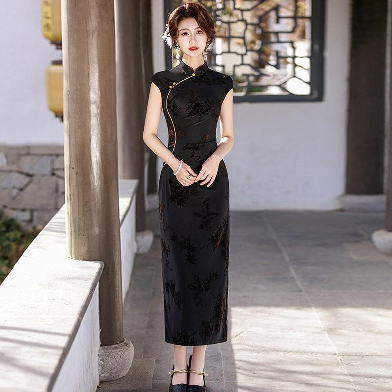 Black Sleeveless Modern Chinese-Inspired Long Cheongsam Dress With Waist Cinching Fit 2026 Womens Elegant Formal Gown Medium