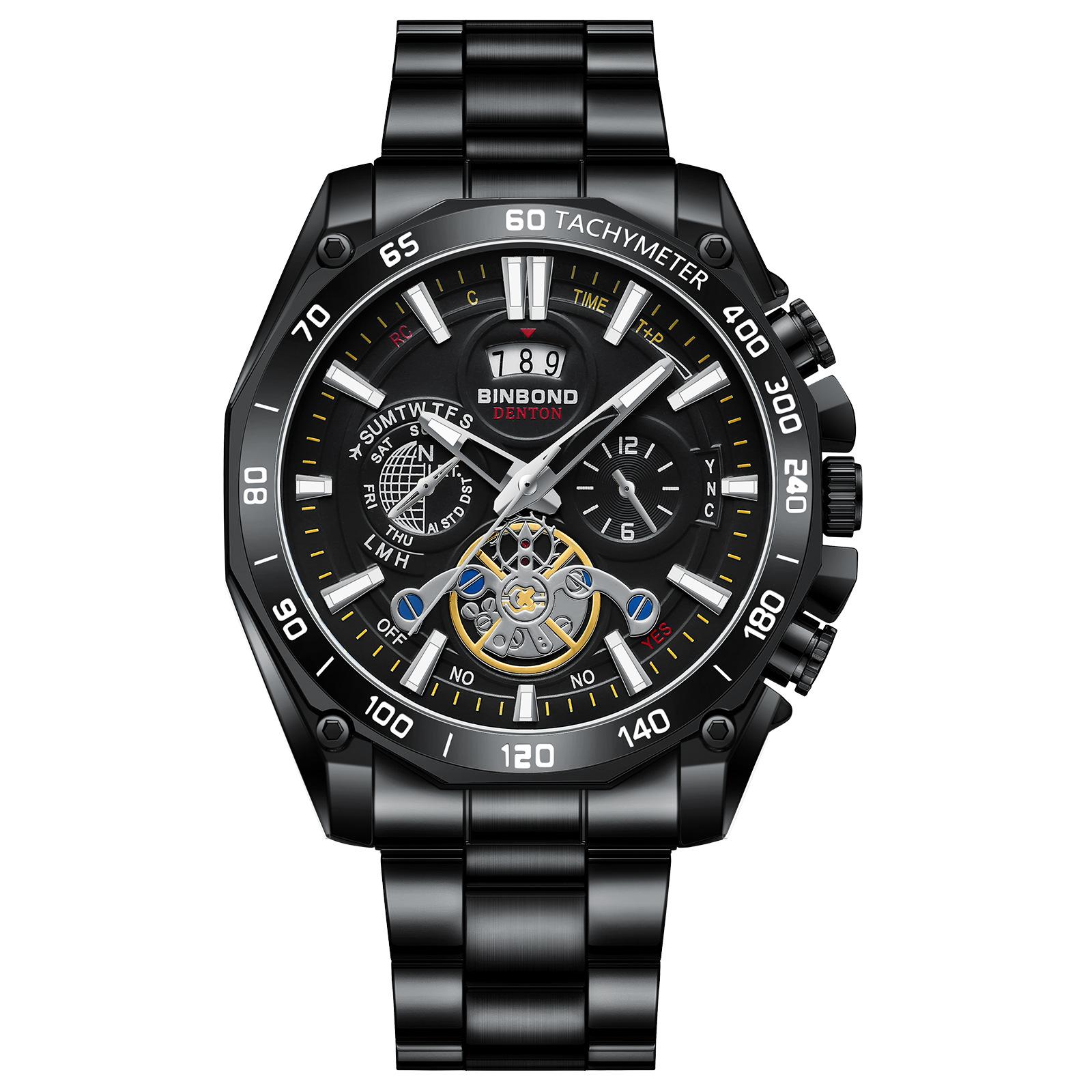 

Золотий чоловічий годинник Світяться модні чоловічі кварцові годинники з нержавіючої сталі з годинником-календарем срібний/чорний