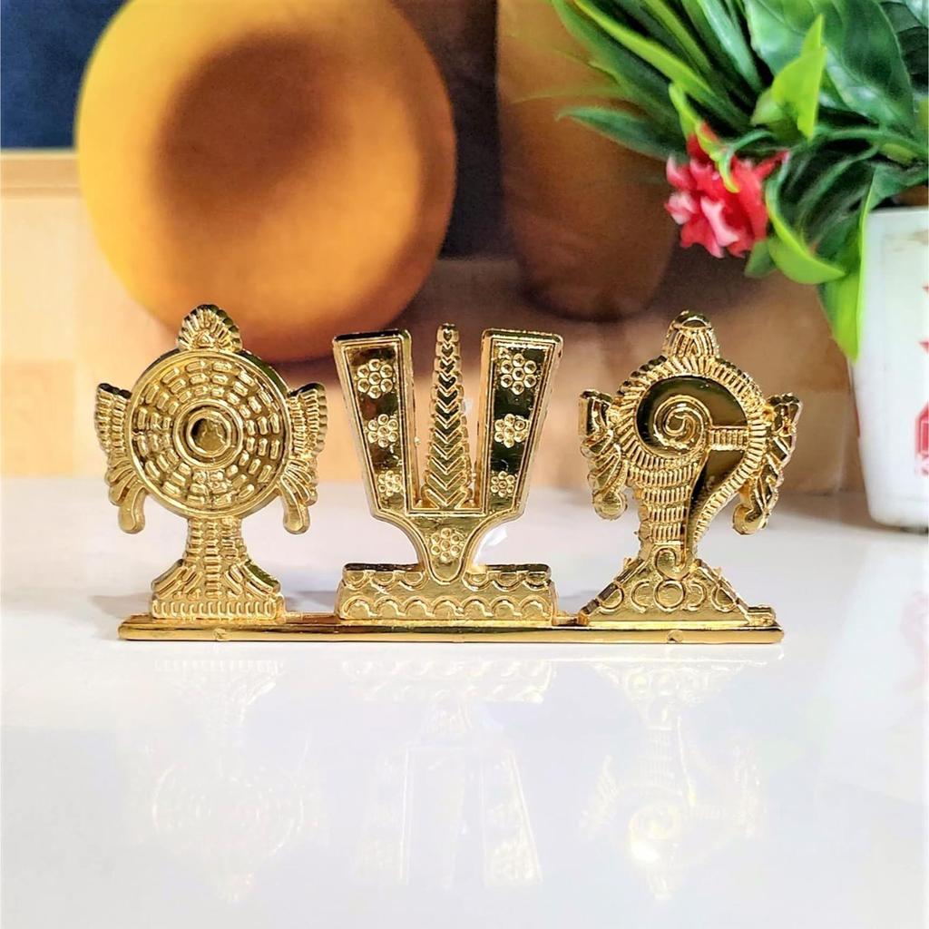 Tirupati Balaji Symbol Stand Shankh Chakra Namah Golden Antique Decorative for Car Dashboard Home & Office Table Showpiece Figurines,