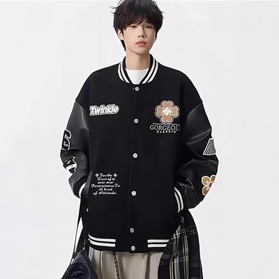 Trendy Men's Heavyweight Embroidered Baseball Jacket: Hip-Hop Street Style, Loose Fit, Wool Blend PU Leather, Perfect for Spring & Autumn