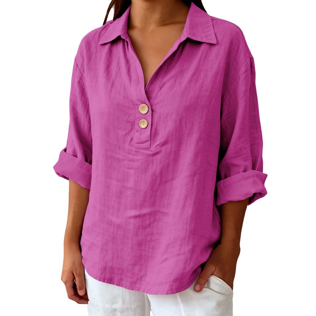 Women's Shirt Seven-Sleeve Lapel Cotton Linen Top Solided Color Casual Breathable Lapel Shirt