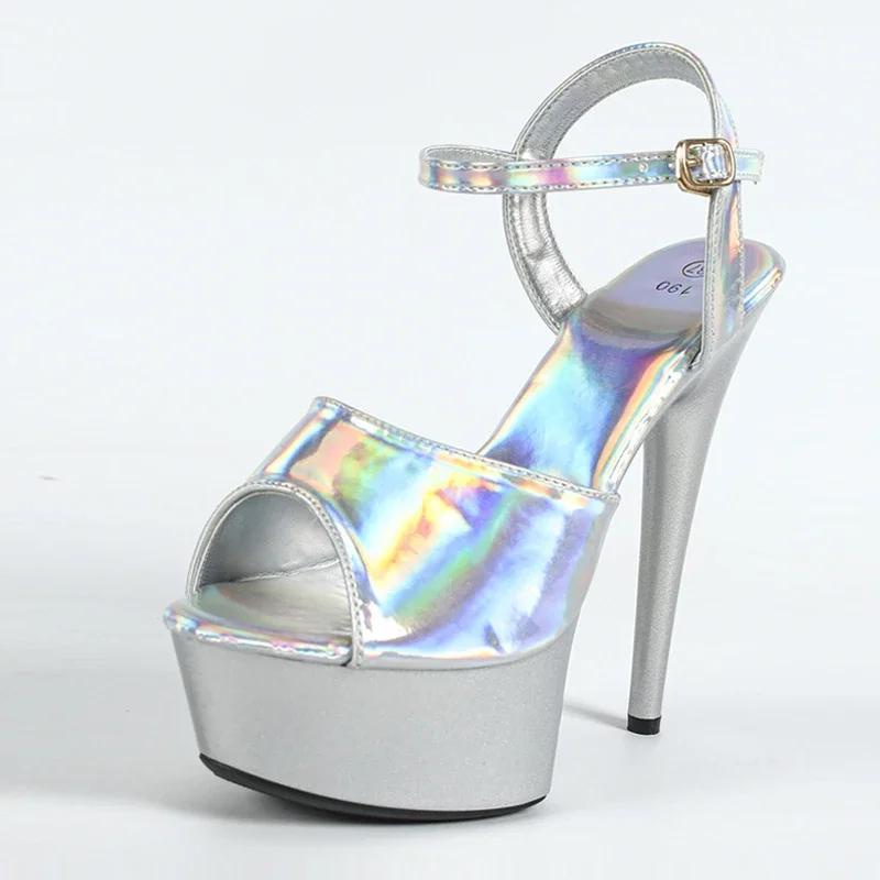 

Женские босоножки на платформе с открытым носком высокого качества, классический дизайн из лакированной кожи, супервысокий каблук, туфли для вечеринки, стрип-танца, пилона, туфли-лодочки 43 серебряный
