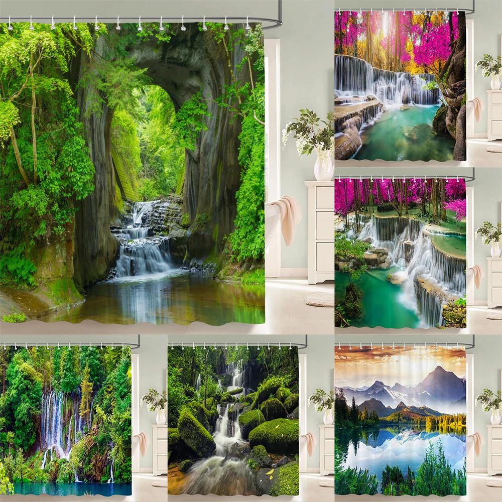 Nature Forest Waterfall 3D Shower Curtain landscape Bathroom Curtains Waterproof Fabric With Hooks Home Decoration Bath Curtain