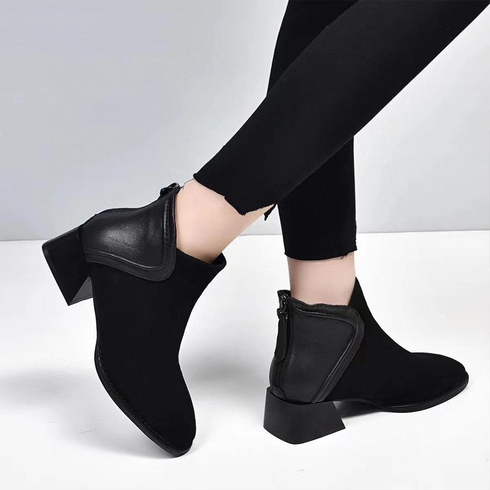 Square Head Chelsea Short Boots Autumn and Winter New British Temperament Simple Sheepskin Low Heel Flat Women's Boots Fashion Boots