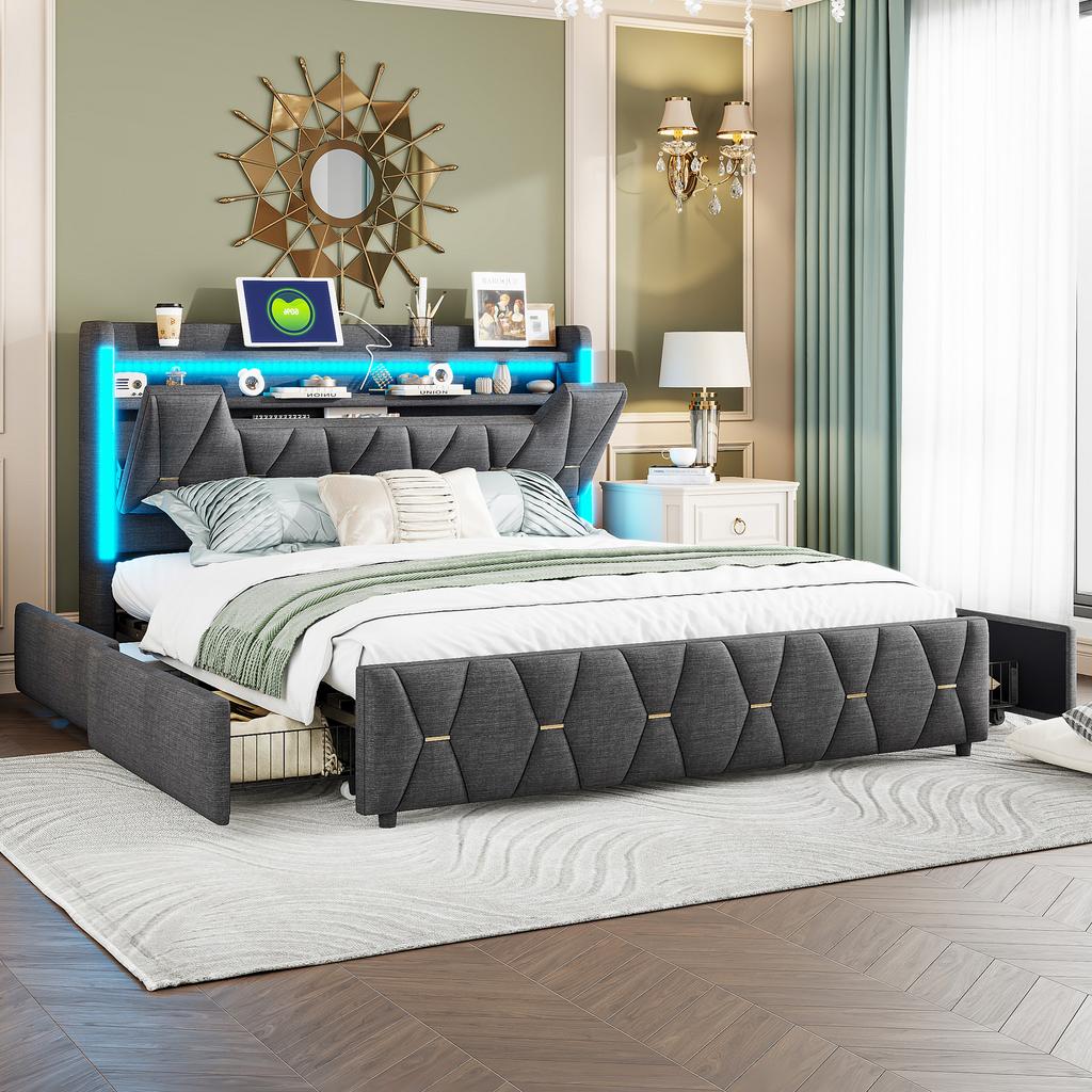 Smart Upholstered Platform Bed with Sync Colorful Lighting Charging Station Hidden Headboard Compartment and Rolling Baskets