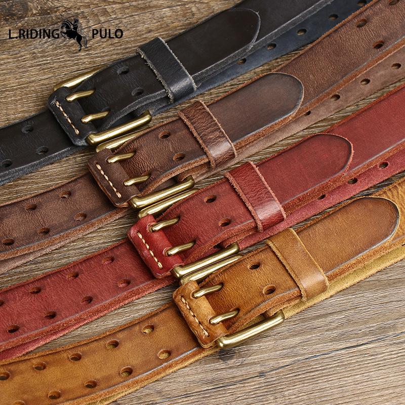 Cintura in Pelle Trendy Stile Retro con Doppia Fibbia ad Ardiglione, Vera Pelle, Vacchetta Primo Strato Conciata al Vegetale Lavata, Nuovo Stile per Giovani Uomini