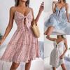 Abito Estivo da Donna con Stampa Floreale, Fiocco, Scollo a V, Bordo Orecchio di Legno, Ampio, Vacanza, con Bretelle