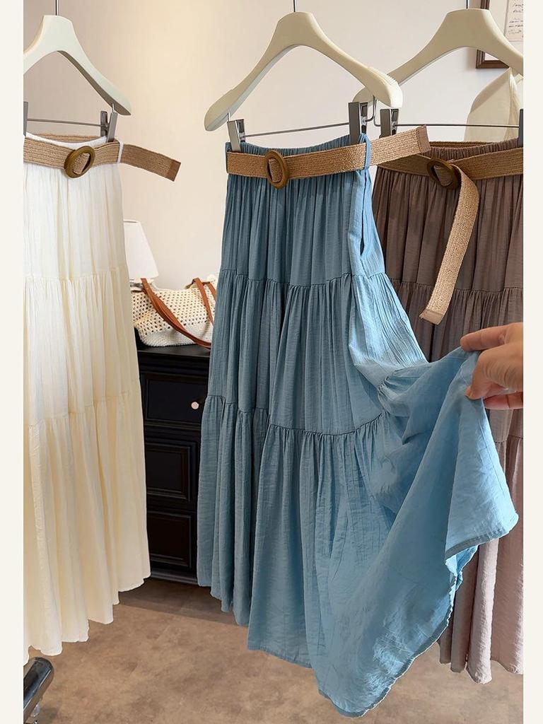 Women's High Waist French Ice Silk A-line Skirt - Early Spring Cotton Linen Umbrella Hem