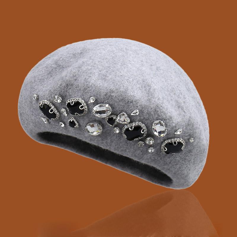 Autumn And Winter Artistic Solid Color Diamond Inlaid Fashionable Wool Beret Women's Outdoor Fashionable Versatile Painter Hats