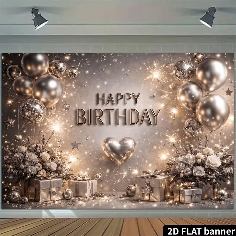 2D Silver Glitter Happy Birthday Backdrop for Chic Birthday Photoshoot