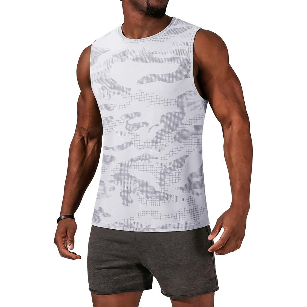 Men Sleeveless Athletic Tank Top Crew Neck Camo Print Lightweight Breathable Quick Dry Sports Shirt for Training Running Gym