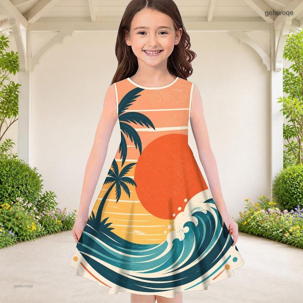 Girls Round Neck Sleeveless A Line Flared Hem Printed Gradient Dress