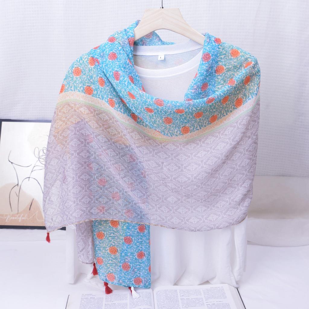 Ethnic Style Blue and White Porcelain Cotton and Linen Scarf, Women's Artistic Shawl, Travel Sunscreen Scarf, Office Shawl