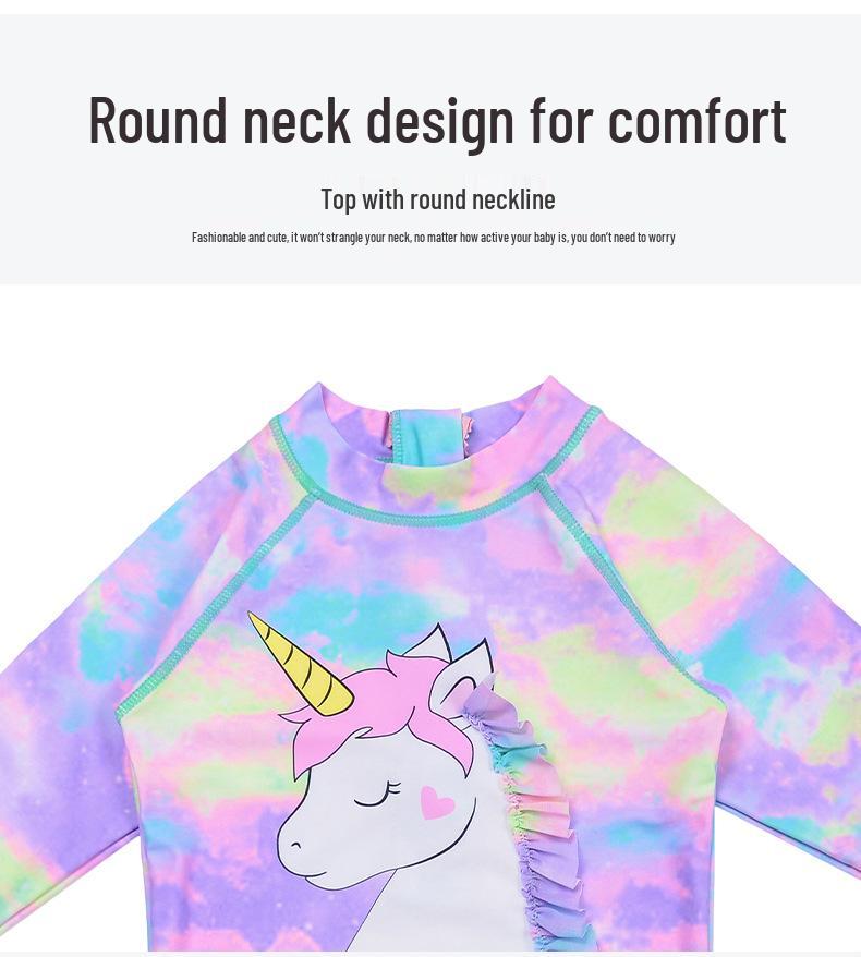 Girls' Unicorn Long-Sleeve Swimsuit with Swim Cap - Sun Protection Surf Suit