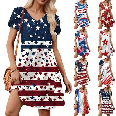 Damen-Sommerkleid mit Blütenblatt-Motiv, kurzärmelig, V-Ausschnitt, lockere Passform, Unabhängigkeitstag-Aufdruck, Swing-Sommerkleid mit Taschen