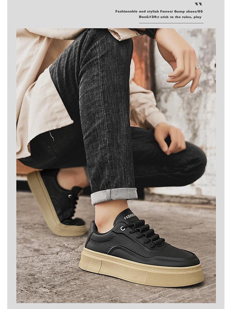 Men's Trendy Breathable White Leather Sneakers: Versatile, Thick-Soled Casual Shoes