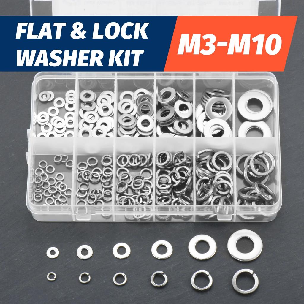 260PCS Stainless Steel Washer Kit – M3-M10 Lock & Flat Washers Set