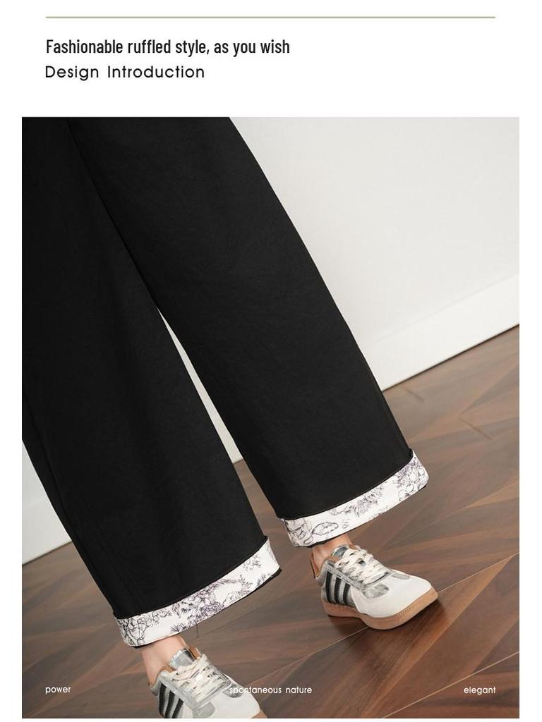 2026 Spring/Autumn Women's High-Waisted Wide-Leg Color Block Lace Casual Pants, Plus Size
