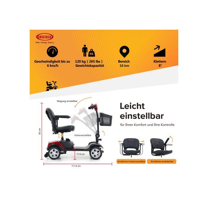 Trottinette électrique compacte à quatre roues pour une autonomie de 15 km, 300 W, ROUGE