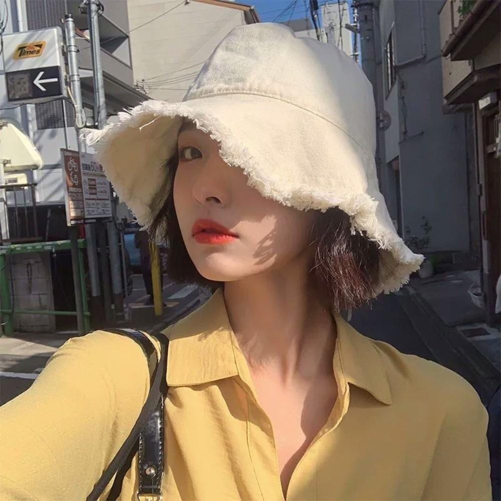 Foldable Raw Edge Fisherman Hat Sunshade Sun Protection Cap Versatile Thin Bucket Hat  Women