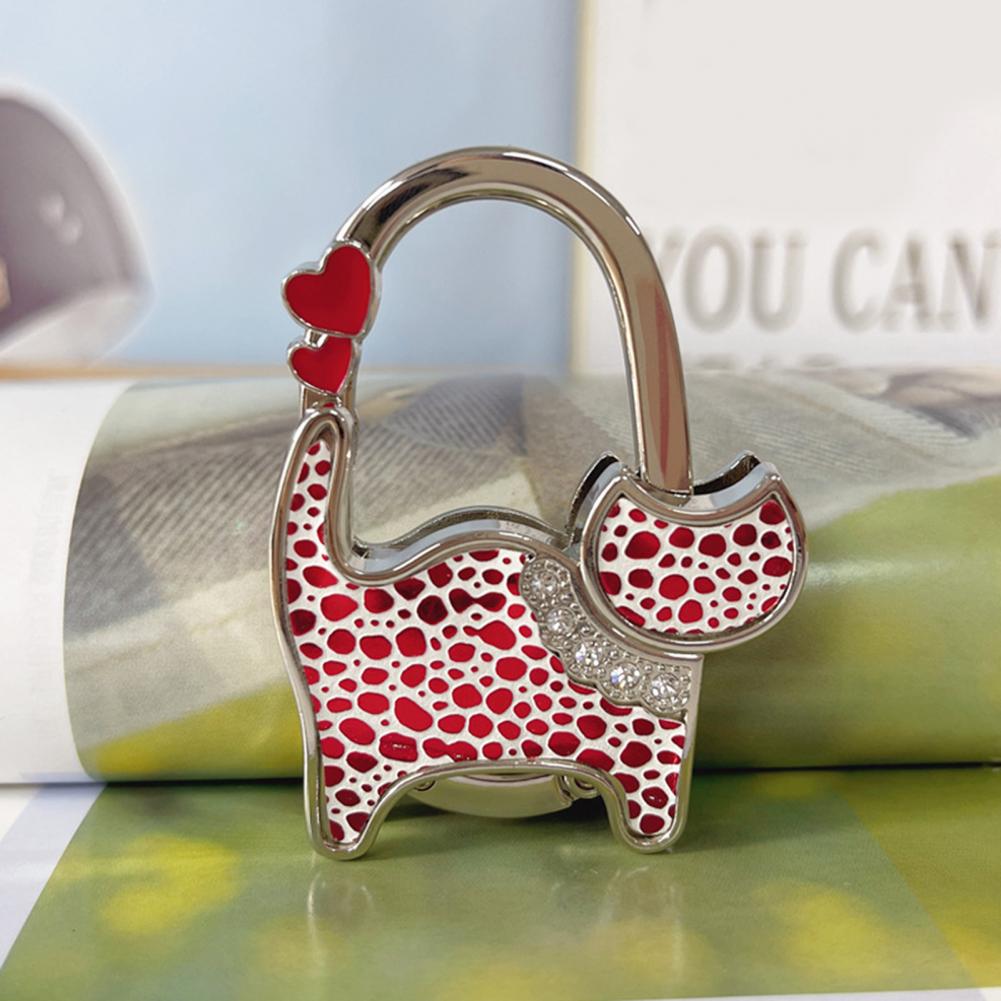 Cat-Shaped Bag Hook with Shiny Rhinestones Decor Non-Slip Base Foldable Desk Edge Handbag Hanger Keychain