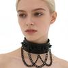Unisex European Punk Black Leather Choker with Metal Chain and Lock Pendant.