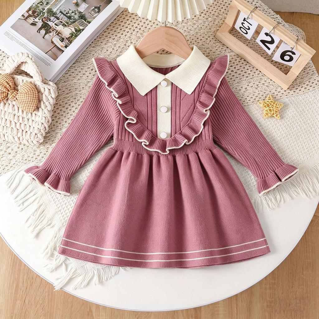Bahar ve Sonbahar İçin Yaka Düşürmeli Çocuk Uzun Kollu Örgü Prenses Elbise