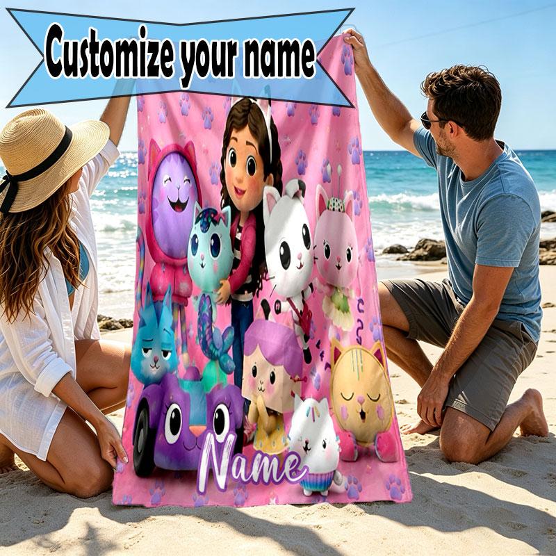 Custom Name Personalized Gabby's Dollhouse Print Beach Towel, for Trip Camping Beach Party Home Decor, Birthday Gift for Family & Friends