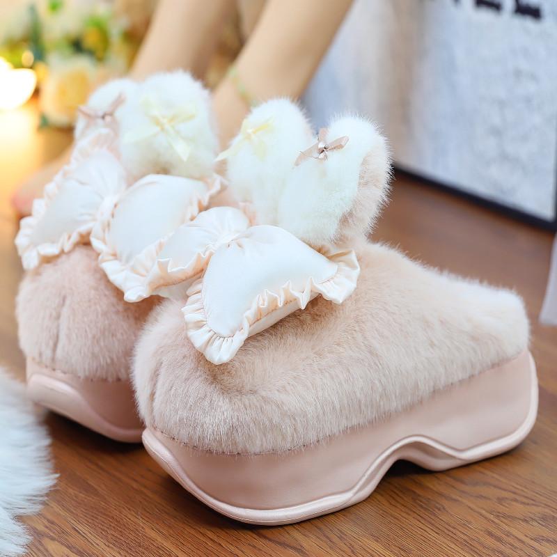 8 cm Vysoké platformové kožešinové pantofle dámské zimní nadýchané uši domácí obuv žena bílé králičí pantofle žena domácí dřeváky