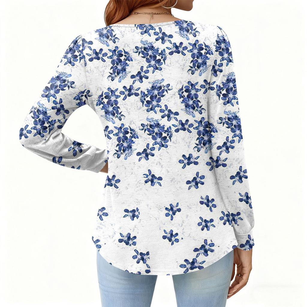 Women's Relaxed,Fit V,Neck Vintage Color,Blocked Floral Print Long,Sleeve Pullover Tee