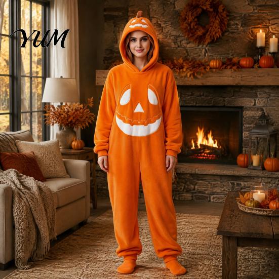 Funny Cosplay Romper Halloween Pumpkin Onesie Pajamas, Adult Jumpsuit with Happy Plush Fleece Homewear Face, Soft Hooded Costume for Party Night,