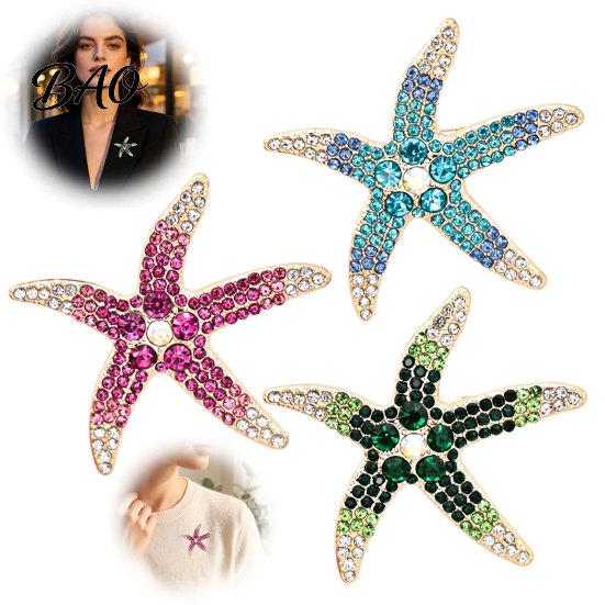 Beach Themed Jewelry Vintage Rhinestone Starfish Brooch, Ocean Metal Lapel Pin, Golden Plated Pin Sea Animal for Suit Dress Coat Scarf Marine