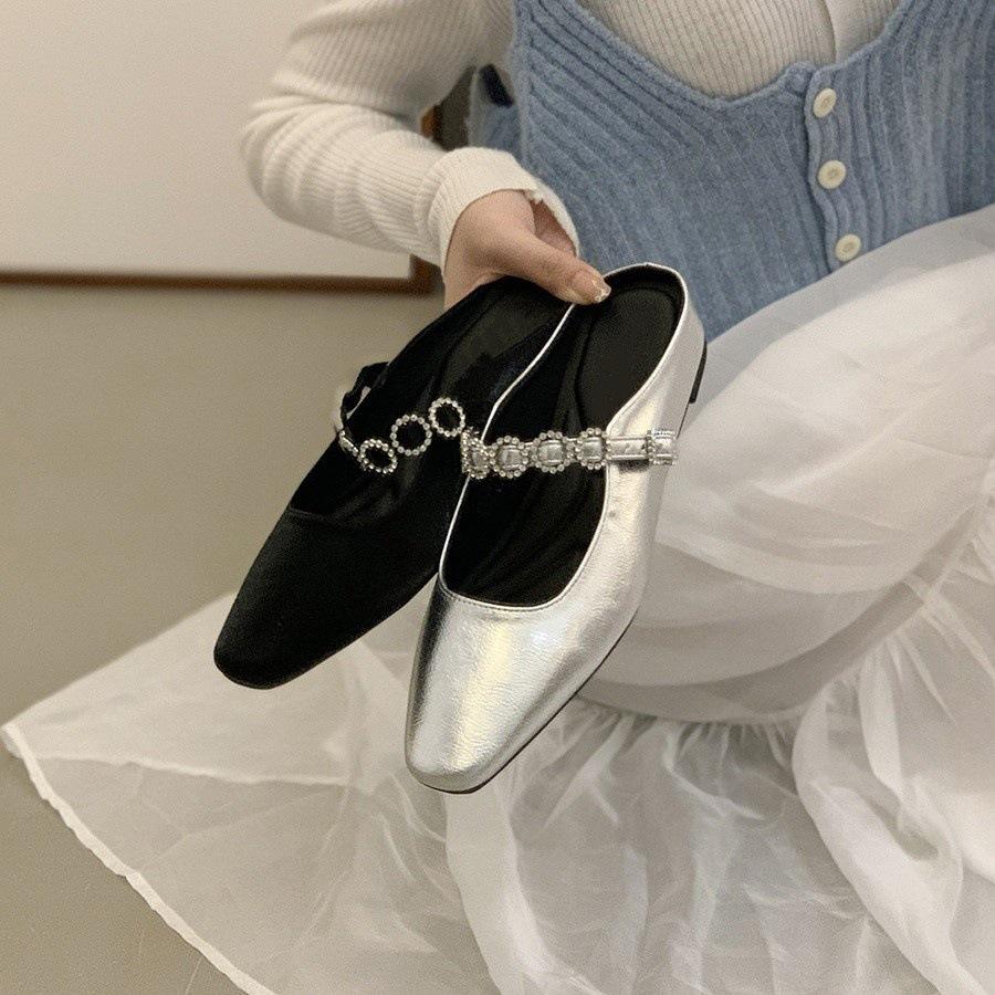 Inner heightening thick-soled silver evening bag head half slippers fairy shoes outer wear 2025 spring and summer Mary Jane single shoes