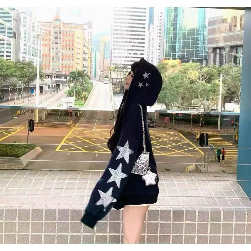 Vintage Star Rhinestone Zip Hoodie Loose Fit Long Sleeve Casual Streetwear Fall