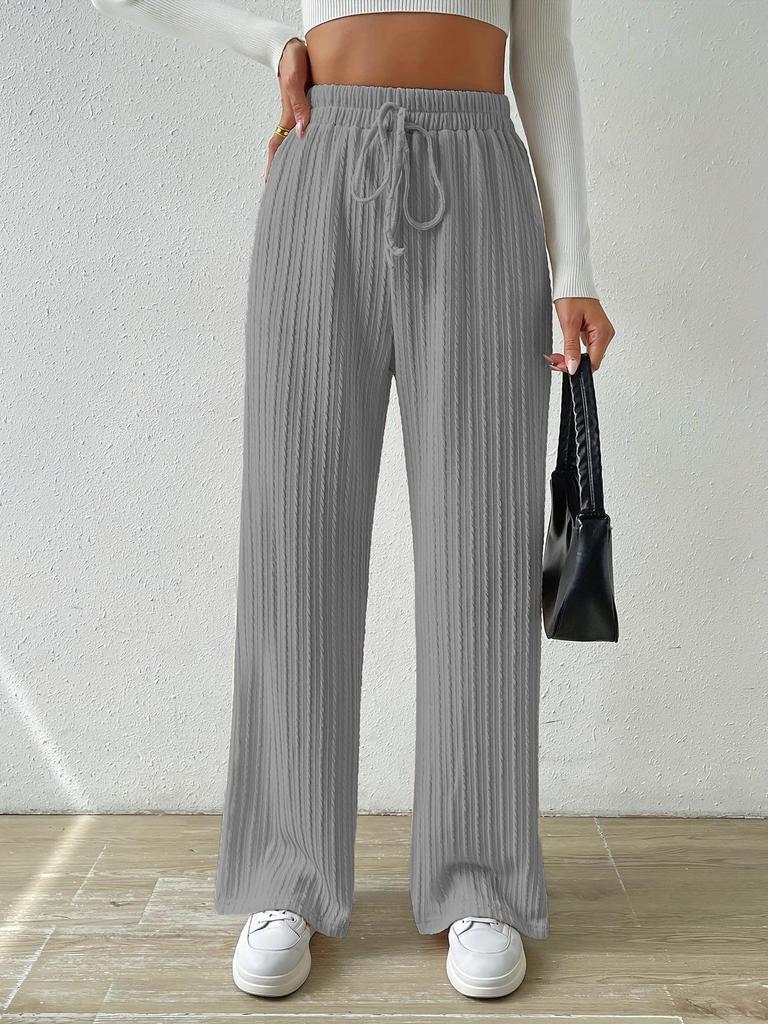 2024 Women's Textured Knit Wide-Leg Pants - Elastic High Waist, Tie Waist, Solid Color, Casual Loose Fit
