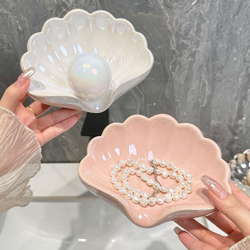 Shell Shaped Ceramic Soap Dish - No Drilling Required Drain Rack, Pearl Glaze Bathroom Countertop/Sink Decoration - Jewelry Tray
