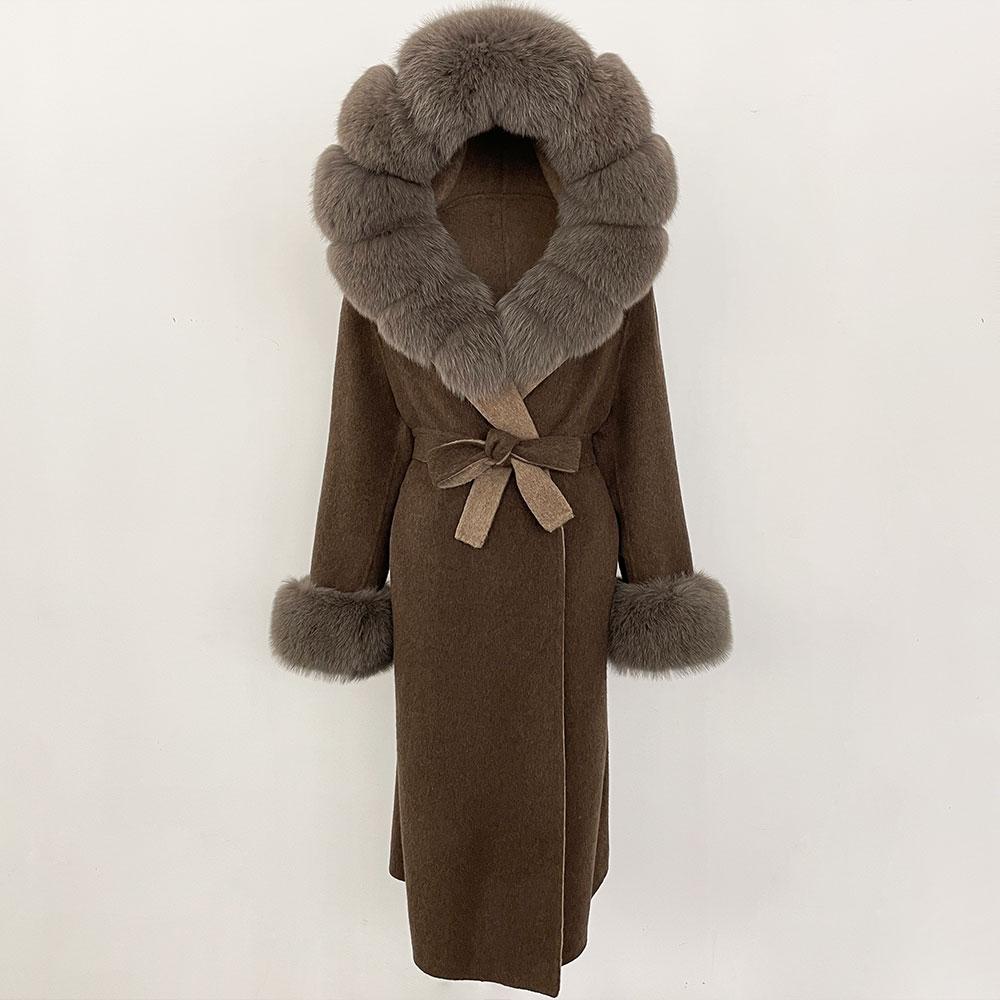 OFTBUY Winter Women Coat Real Natural Fox Fur Hooded Detachable Collar Double-faced Woolen Jacket Long Casual Elegant Overwears