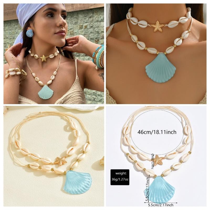 Summer Shell Starfish Conch Pendant Necklace For Women Transparent Crystal Bead Necklace Vacation Style Jewelry Accessory