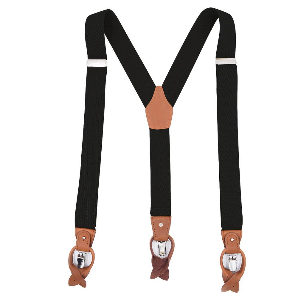 

Men 2-in-1 Y-Back Suspenders Elastic 6 Clips Button End Genuine Leather Braces