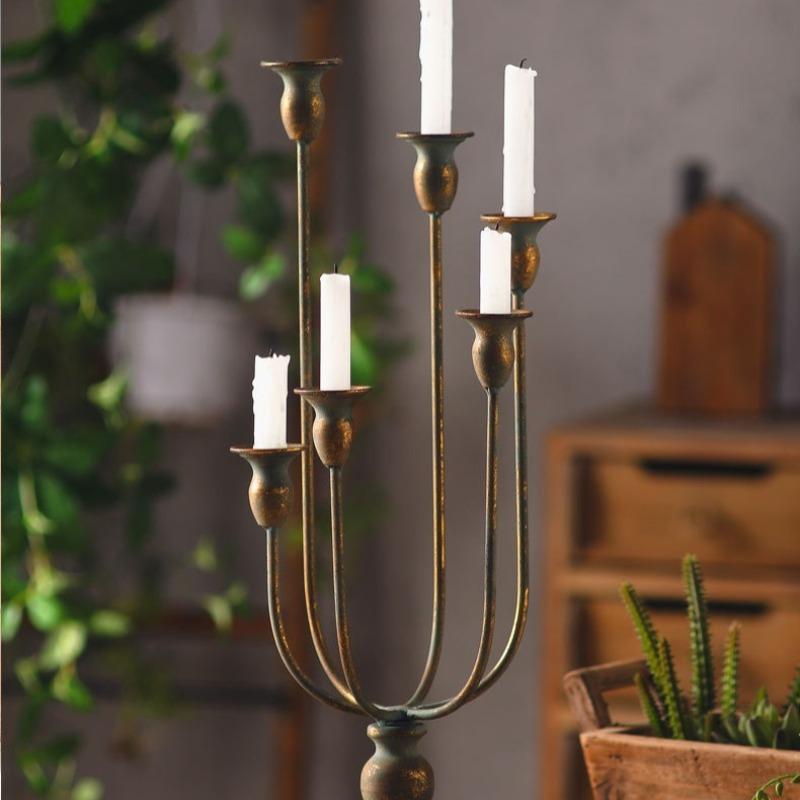 Industrial 5-Arm Candle Holder, Antique Faux Copper Candelabra, Distressed Brass Centerpiece for Home Decor, Rustic Table Decor